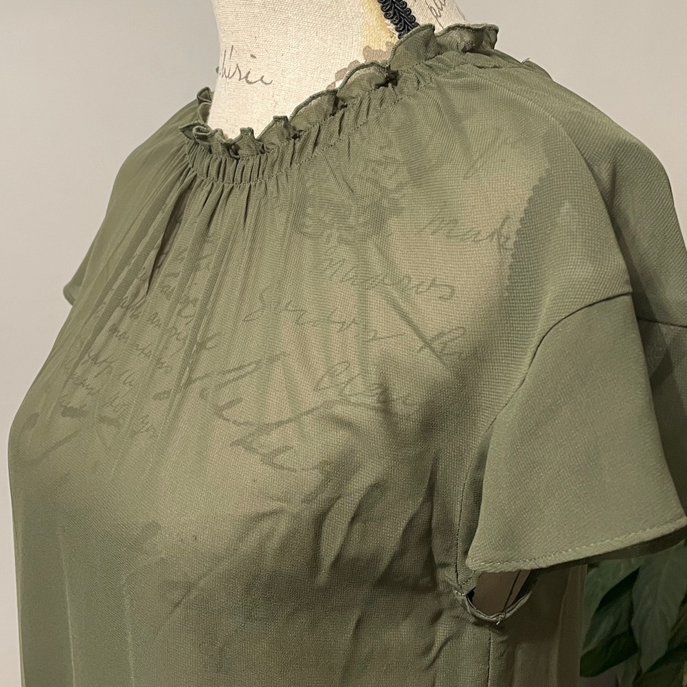 Express Olive Blouse with Ruffled Neckline